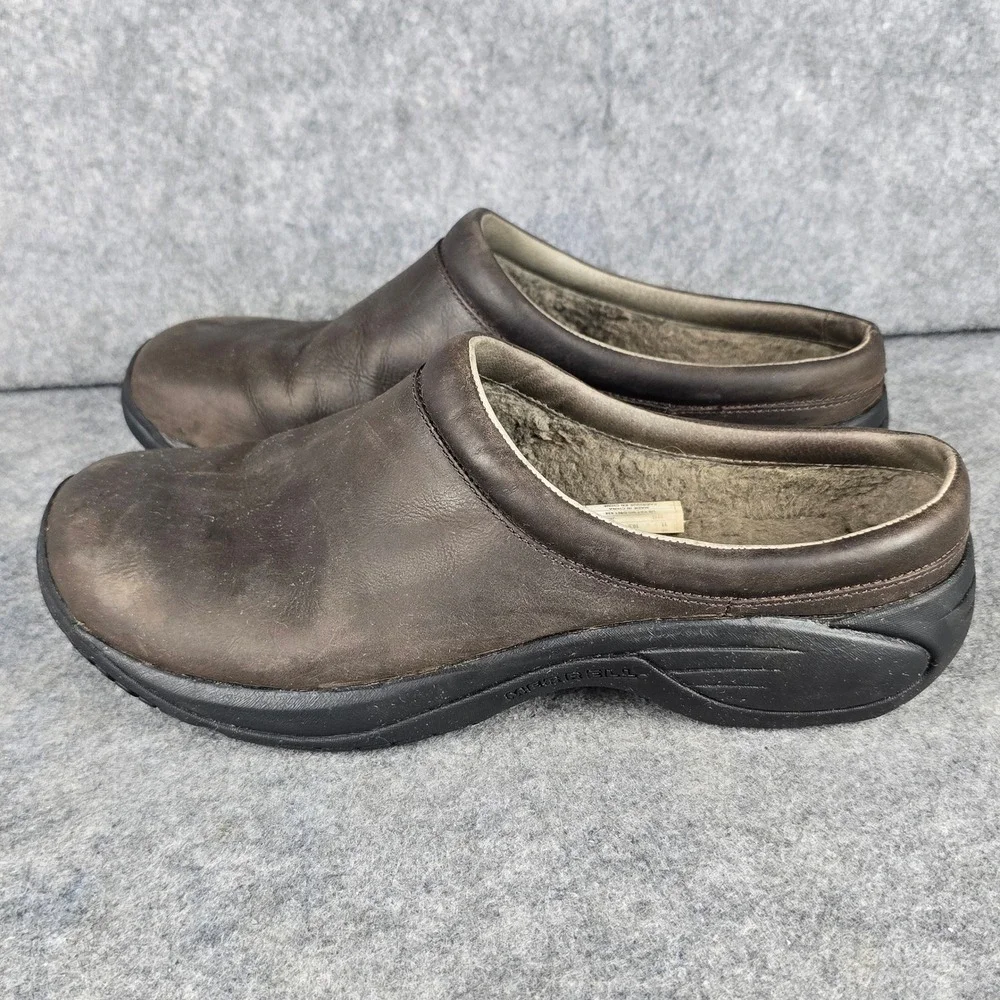 Merrell Encore Clog Mens 11 Espresso Brown Leather Faux Fur Lining Air Cushion